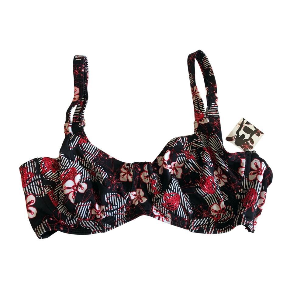 Camille Swim Top Size UK 32D EUR 70D Black Red Floral Hibiscus NEW